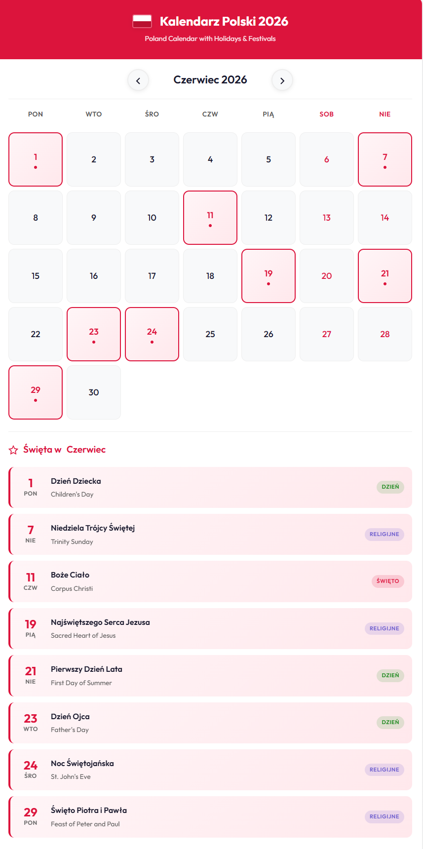 Czerwiec 2026 Kalendarz