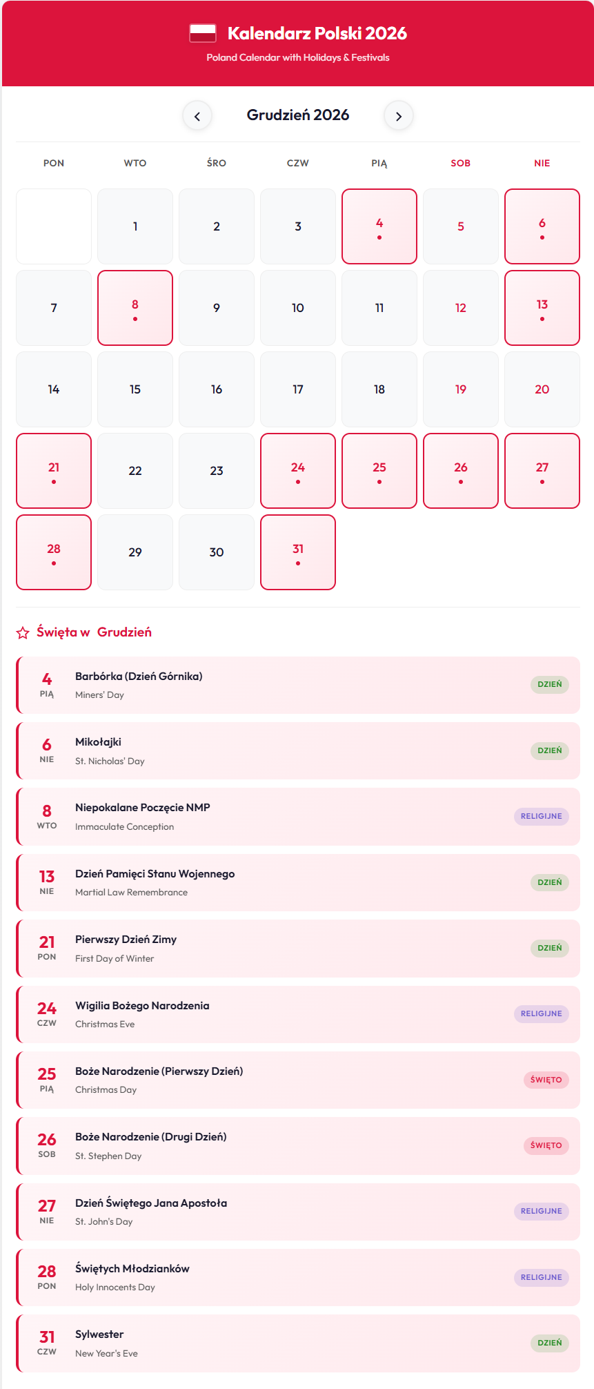 Grudzień 2026 Kalendarz