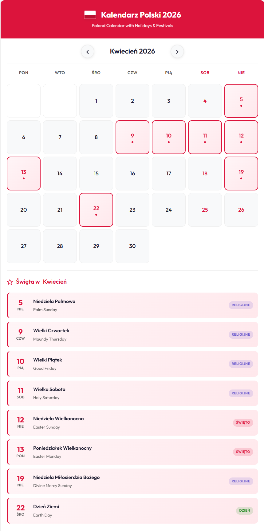 Kwiecień 2026 Kalendarz