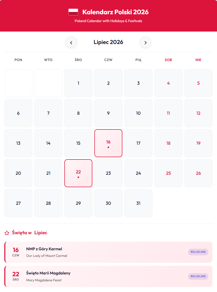 Lipiec 2026 Kalendarz Lipiec 2026 Kalendarz