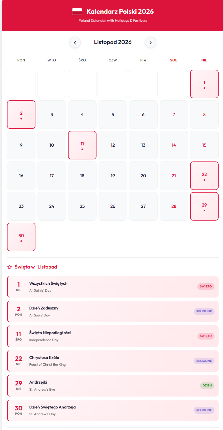 Listopad 2026 Kalendarz