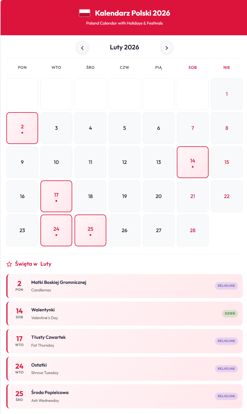 Luty 2026 Kalendarz