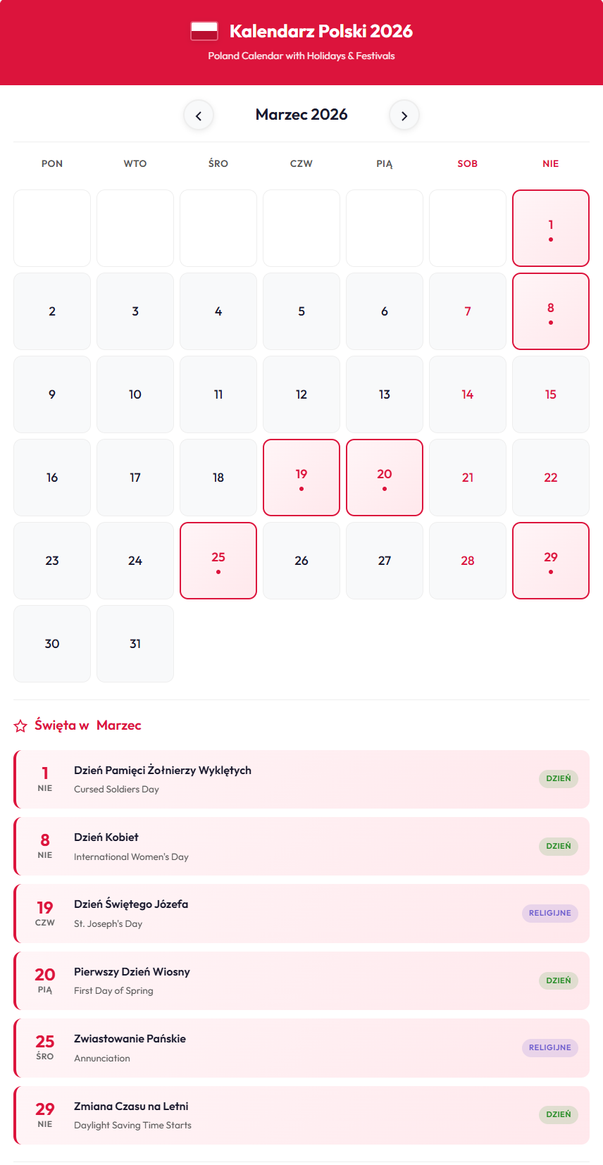 Marzec 2026 Kalendarz