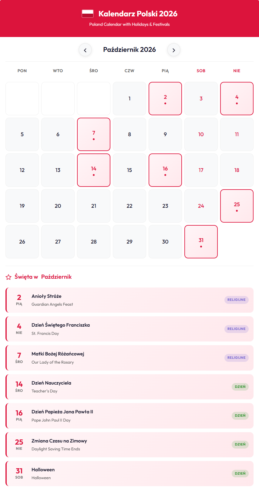 Październik 2026 Kalendarz