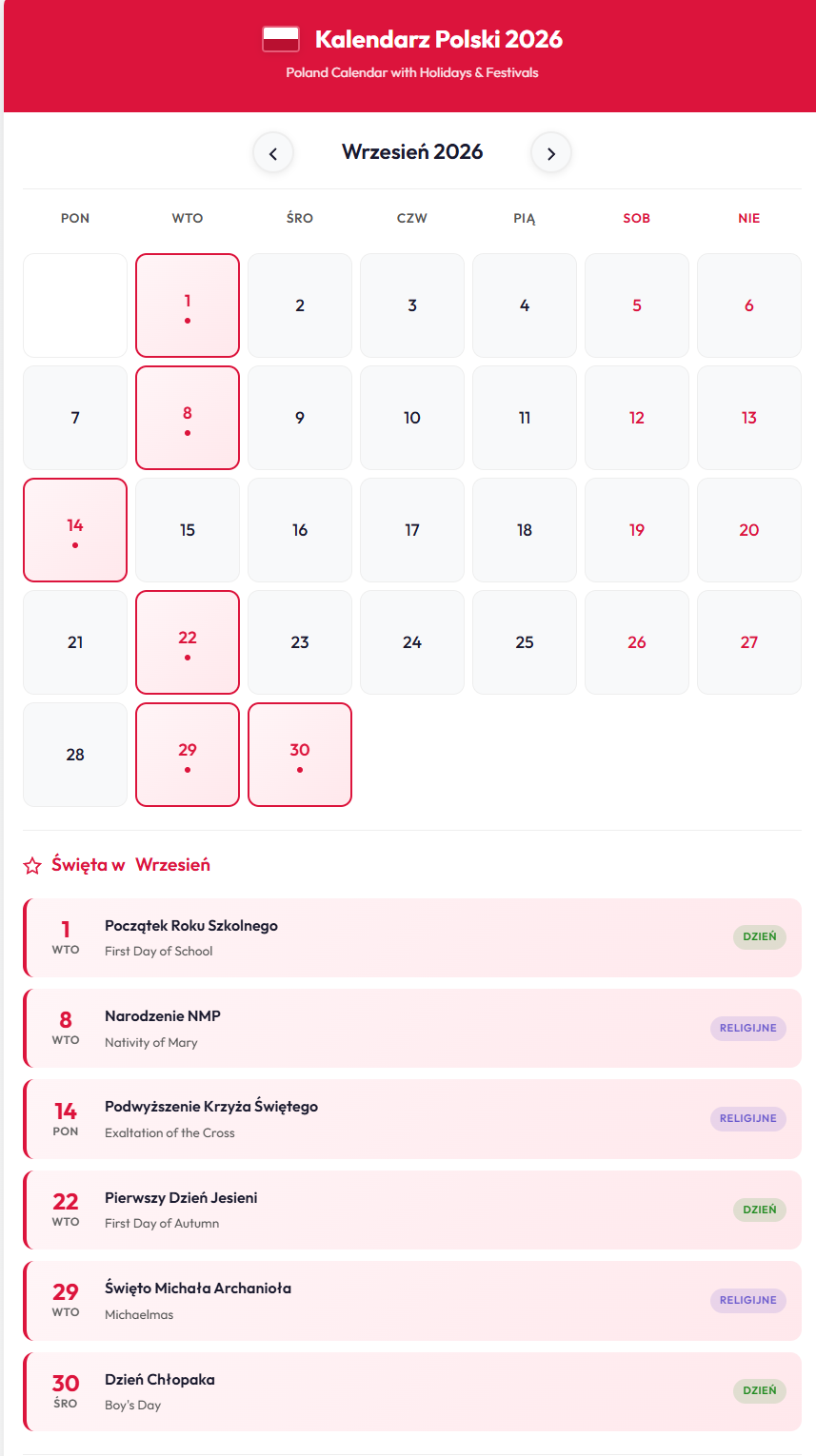 Wrzesień 2026 Kalendarz