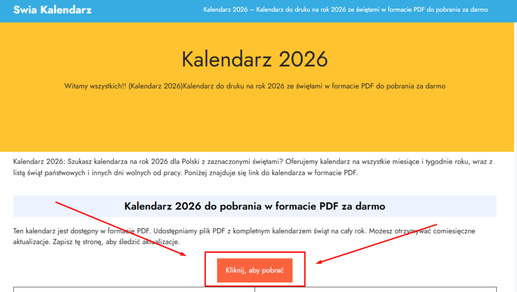 Kalendarz 2026 do pobrania w formacie PDF za darmo